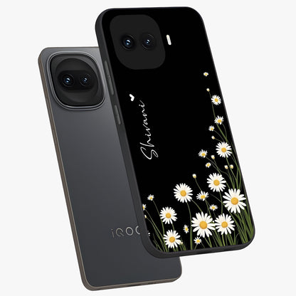 Daisy Cascade Custom Name Glass Case displayed in angled mockup highlighting delicate daisy artwork with custom name feature.