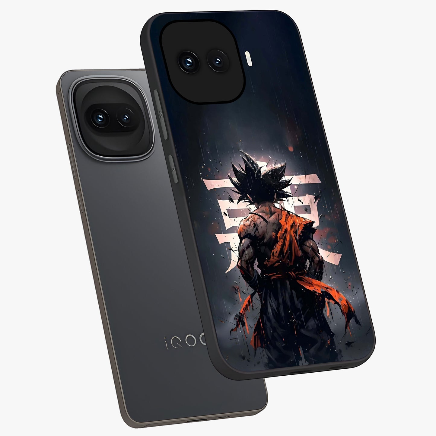 Dark Warrior In Rain Glass Case displayed in angled mockup highlighting dramatic warrior illustration with dark rain aesthetic.