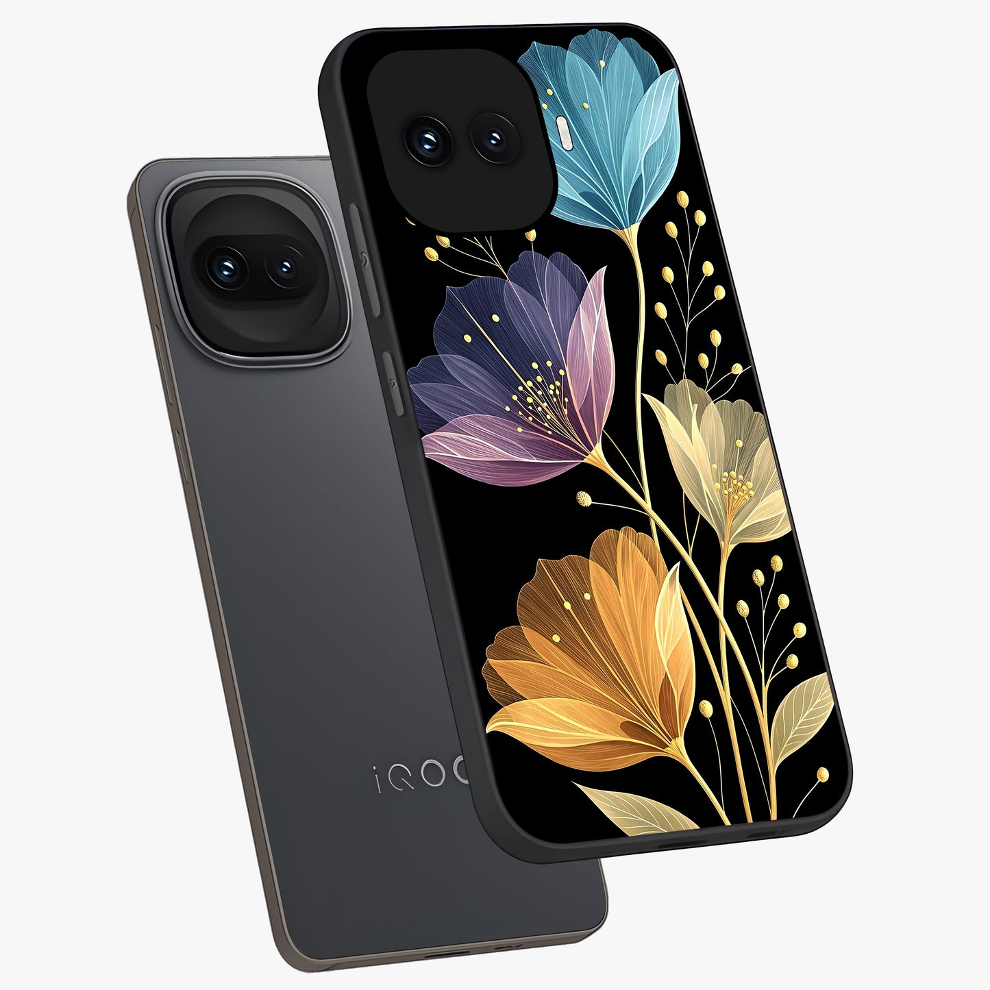 Delicate Multicolor Flowers Glass Case displayed in angled mockup highlighting colorful flower pattern with soft aesthetic style.