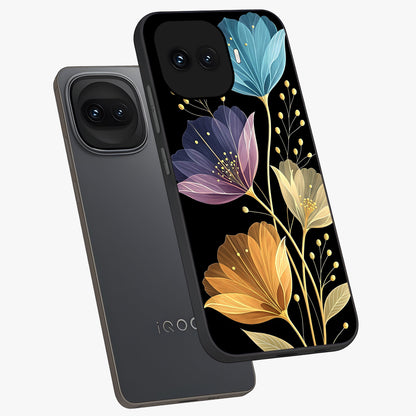 Delicate Multicolor Flowers Glass Case displayed in angled mockup highlighting colorful flower pattern with soft aesthetic style.