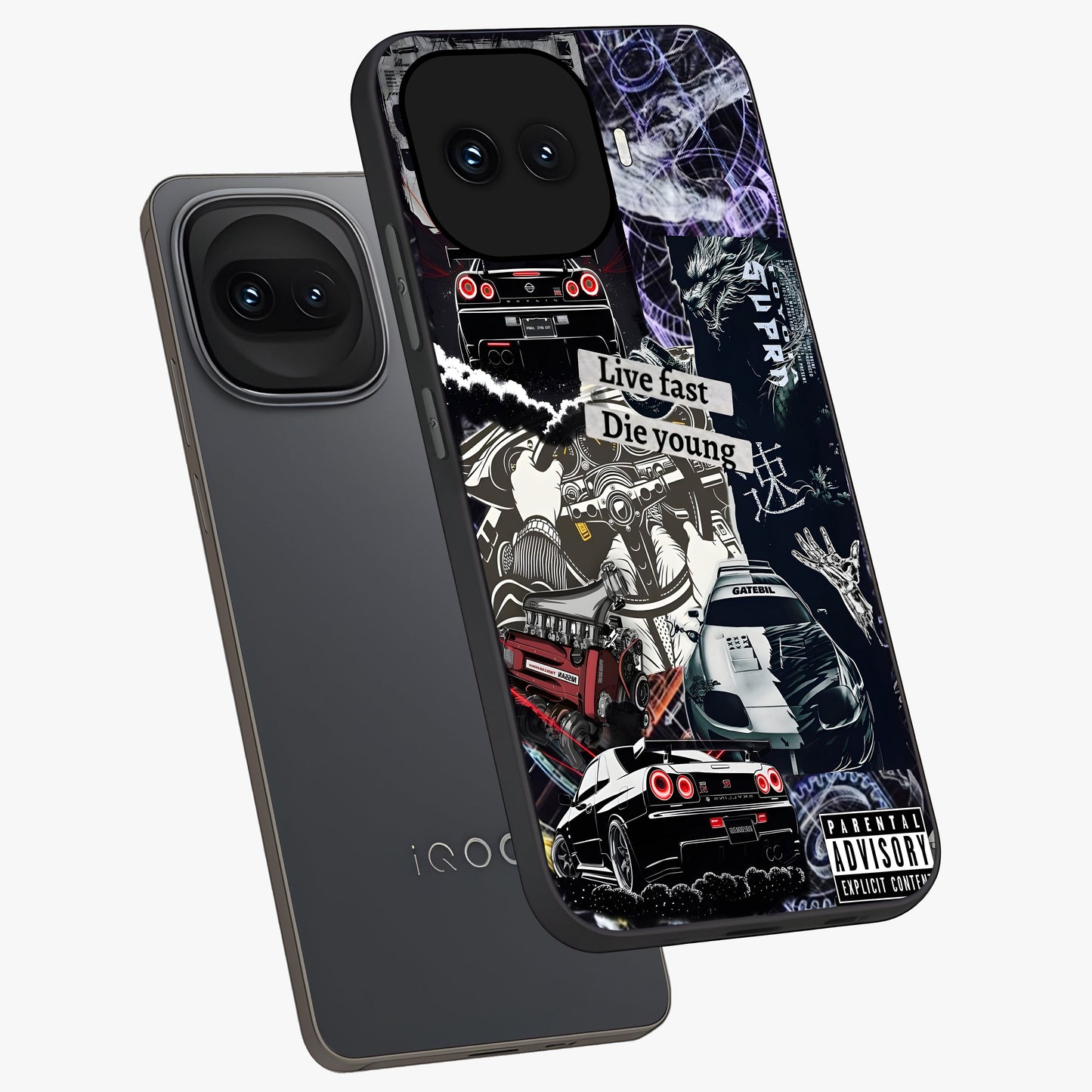 Die Young Glass Case displayed in angled mockup highlighting expressive graphic artwork with edgy aesthetic style.