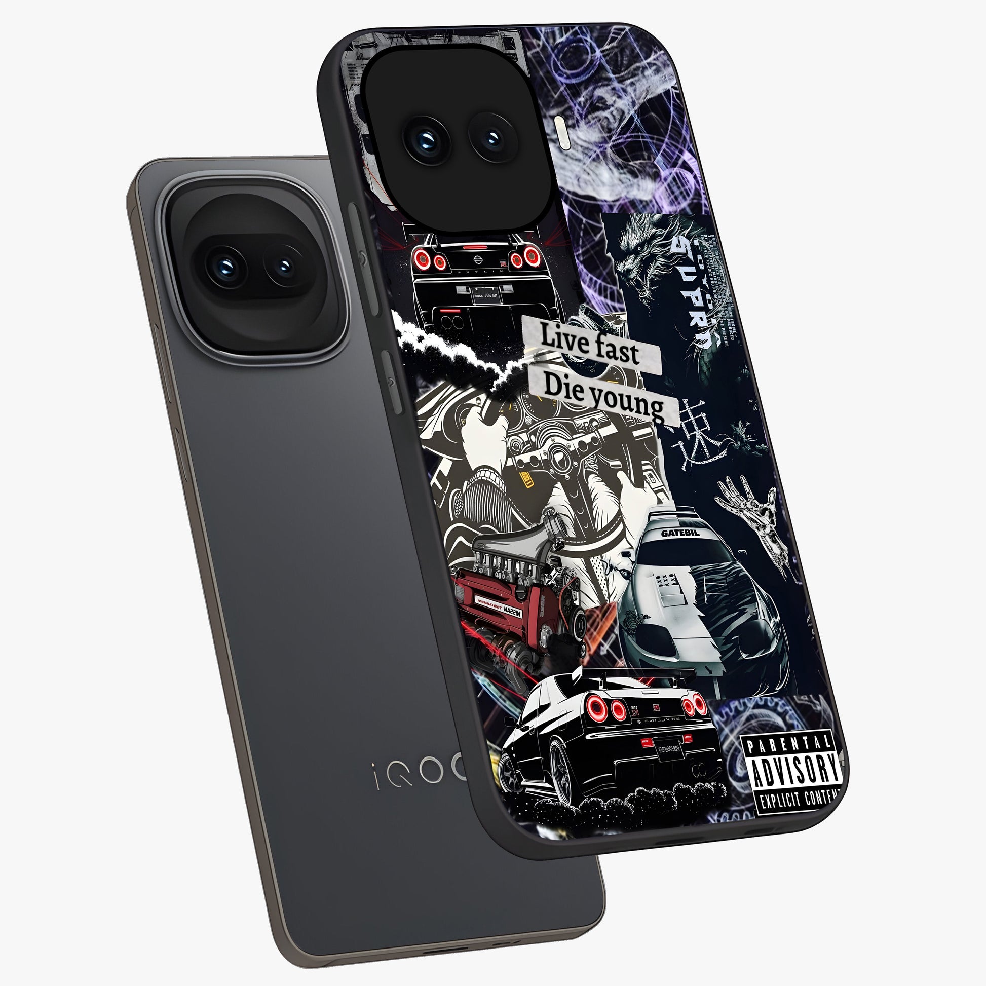 Die Young Glass Case displayed in angled mockup highlighting expressive graphic artwork with edgy aesthetic style.