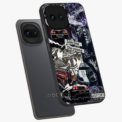 Die Young Glass Case displayed in angled mockup highlighting expressive graphic artwork with edgy aesthetic style.