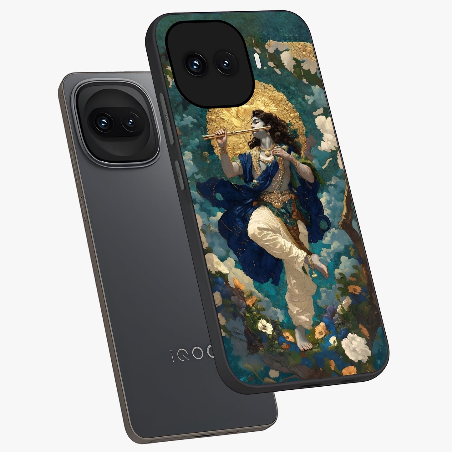 Divine Krishna Art Glass Case displayed in angled mockup highlighting spiritual Krishna illustration with devotional aesthetic.