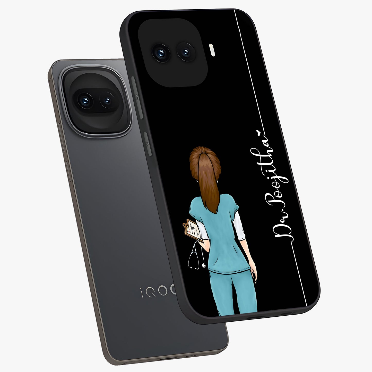 Doctor Pattern Custom Name Glass Case displayed in angled mockup highlighting doctor inspired artwork with custom name feature.