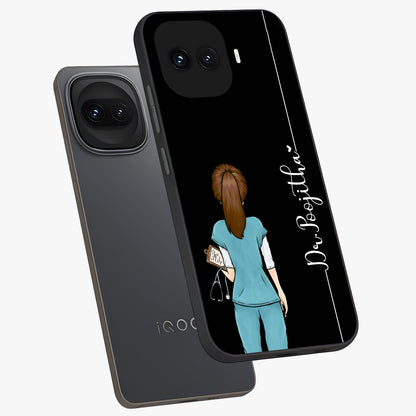 Doctor Pattern Custom Name Glass Case displayed in angled mockup highlighting doctor inspired artwork with custom name feature.