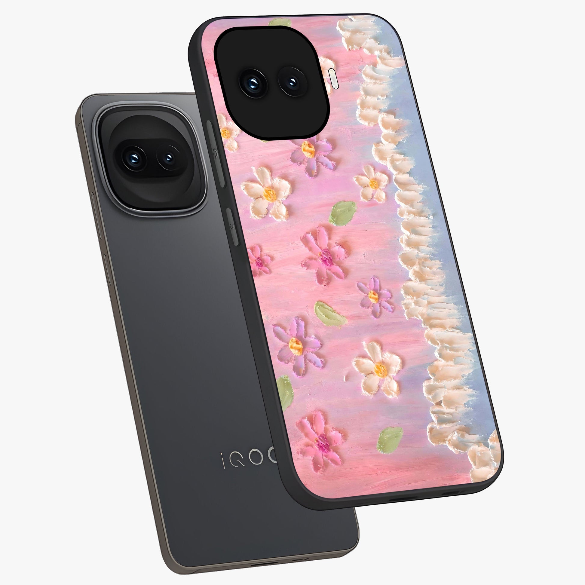 Dreamy Painted Garden Glass Case displayed in angled mockup highlighting colorful garden illustration with dreamy aesthetic style.