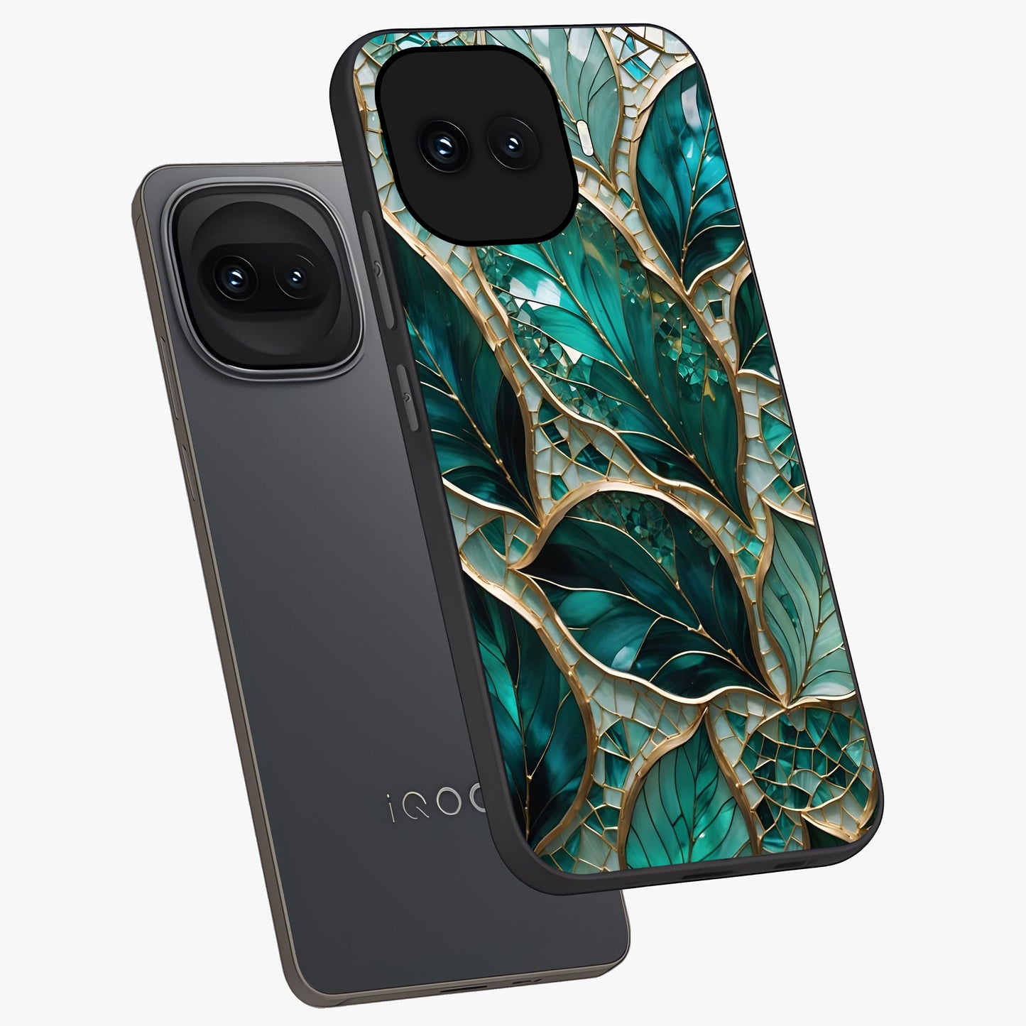Emerald Leaf Glass Glass Case displayed in angled mockup highlighting botanical leaf illustration with elegant natural aesthetic.