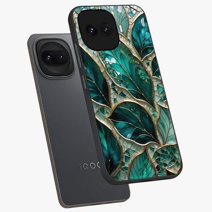 Emerald Leaf Glass Glass Case displayed in angled mockup highlighting botanical leaf illustration with elegant natural aesthetic.