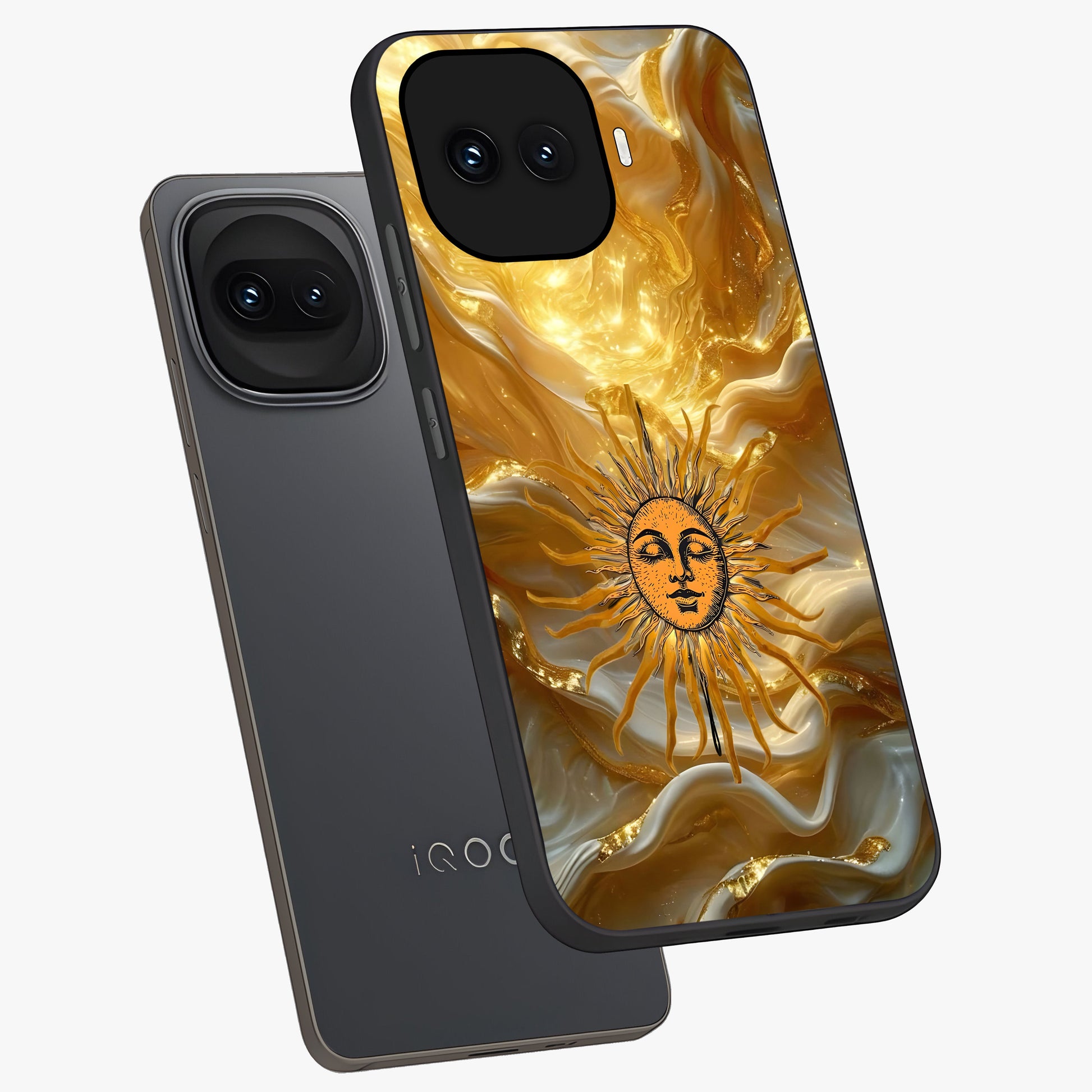 Eternal Golden Glow Glass Case displayed in angled mockup highlighting glowing golden aesthetic design with elegant style.
