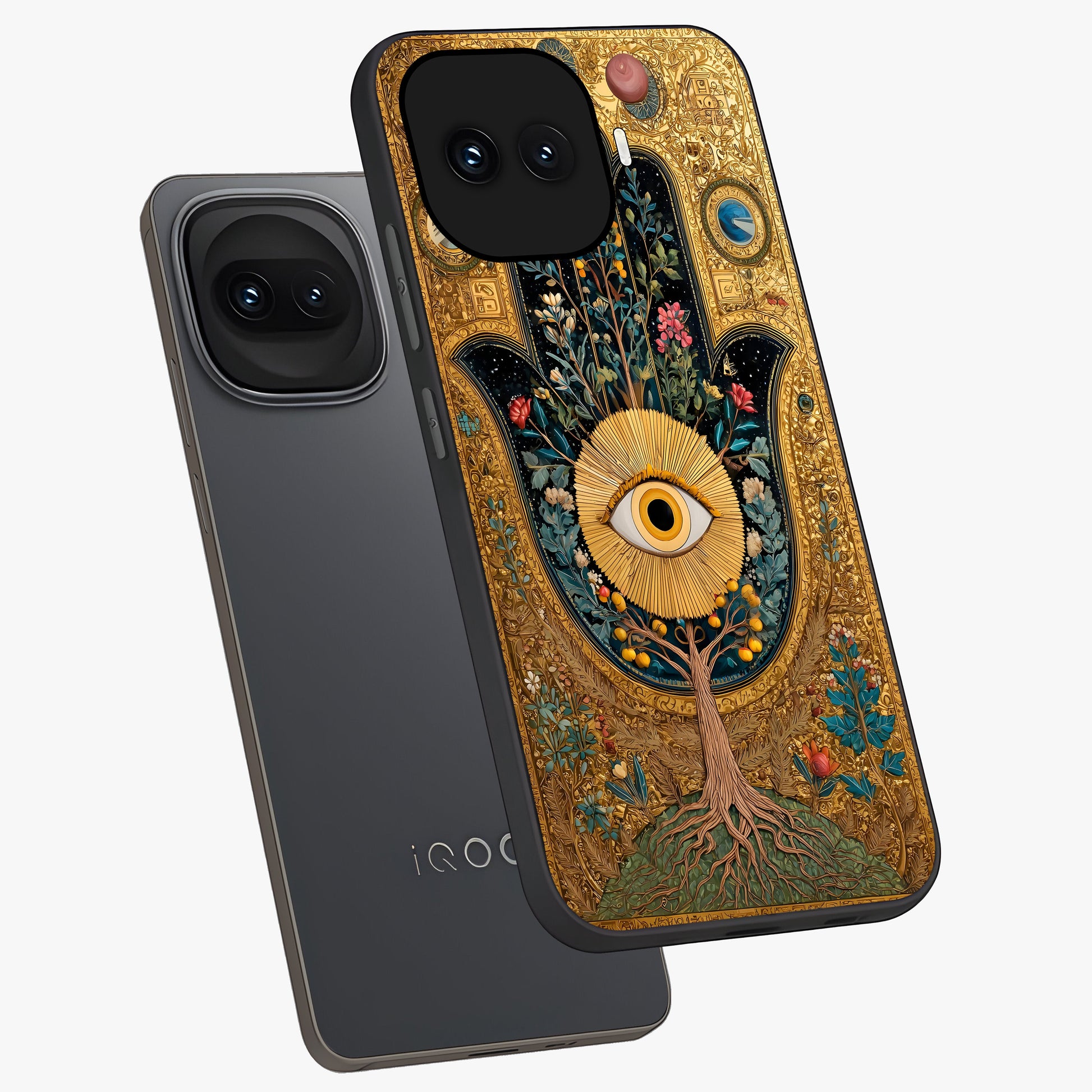 Ethereal Evil Eye Glass Case displayed in angled mockup highlighting protective evil eye symbol with spiritual aesthetic design.
