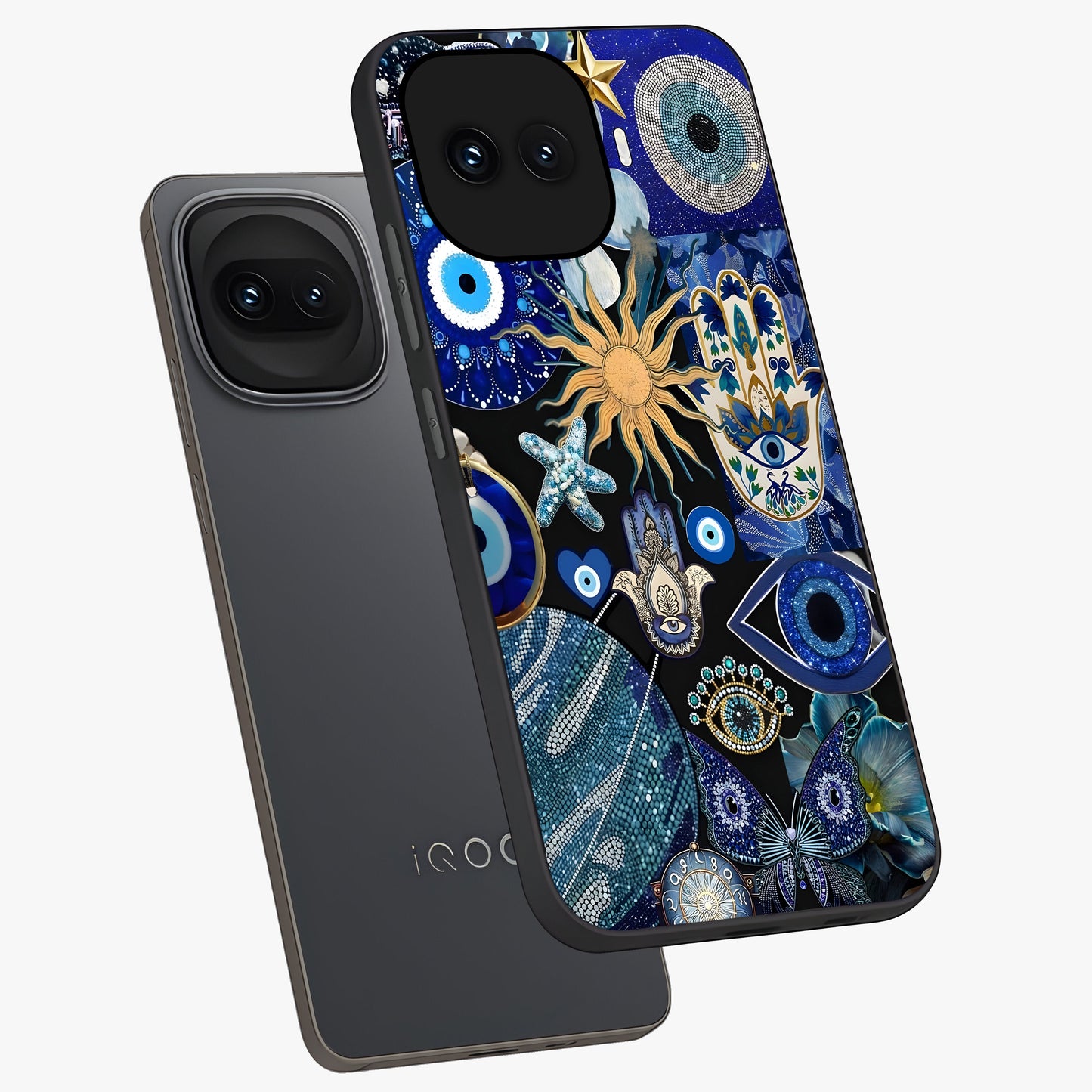 Evil Eye Charm Mix Glass Case displayed in angled mockup highlighting protective evil eye symbols with spiritual aesthetic design.