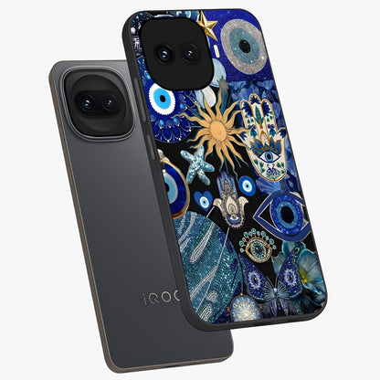 Evil Eye Charm Mix Glass Case displayed in angled mockup highlighting protective evil eye symbols with spiritual aesthetic design.