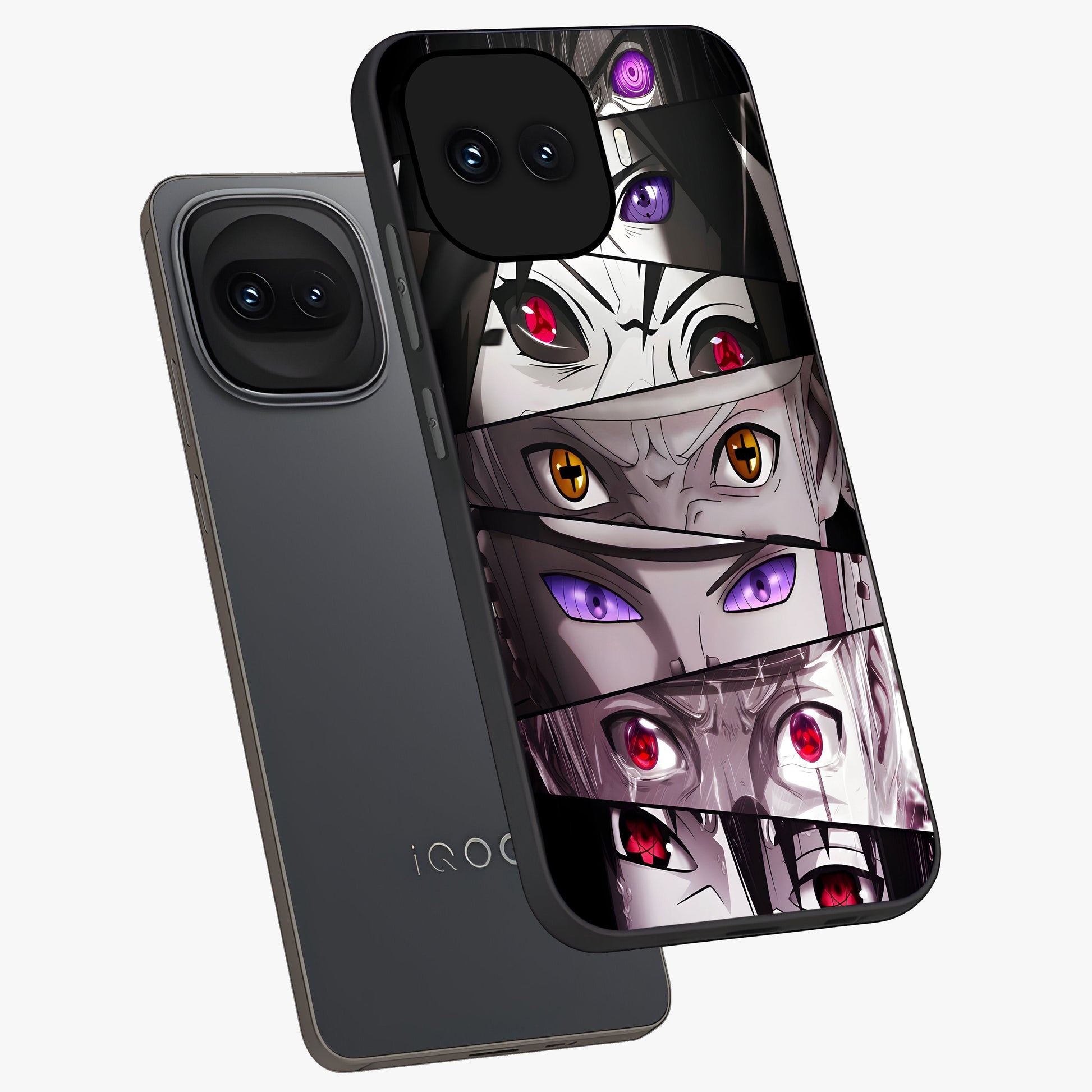 Eyes of Destiny Glass Case displayed in angled mockup highlighting bold eye illustration with mystical aesthetic style.