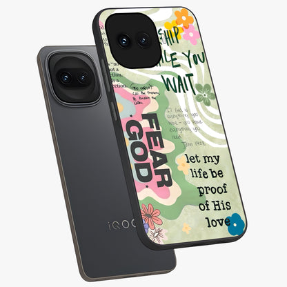 Faith Over Fear Glass Case displayed in angled mockup highlighting inspirational message design with modern aesthetic style.