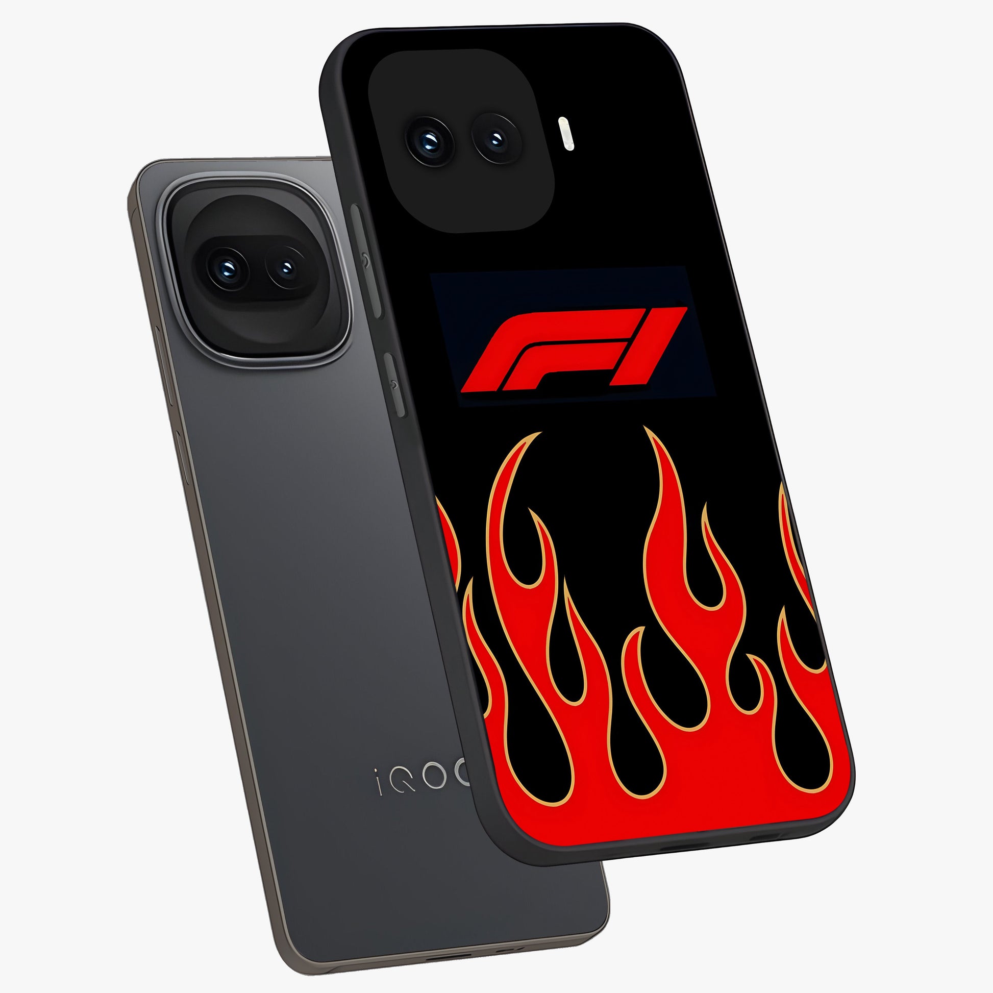 Fire F11 Glass Case displayed in angled mockup highlighting bold fire inspired graphic with energetic aesthetic style.