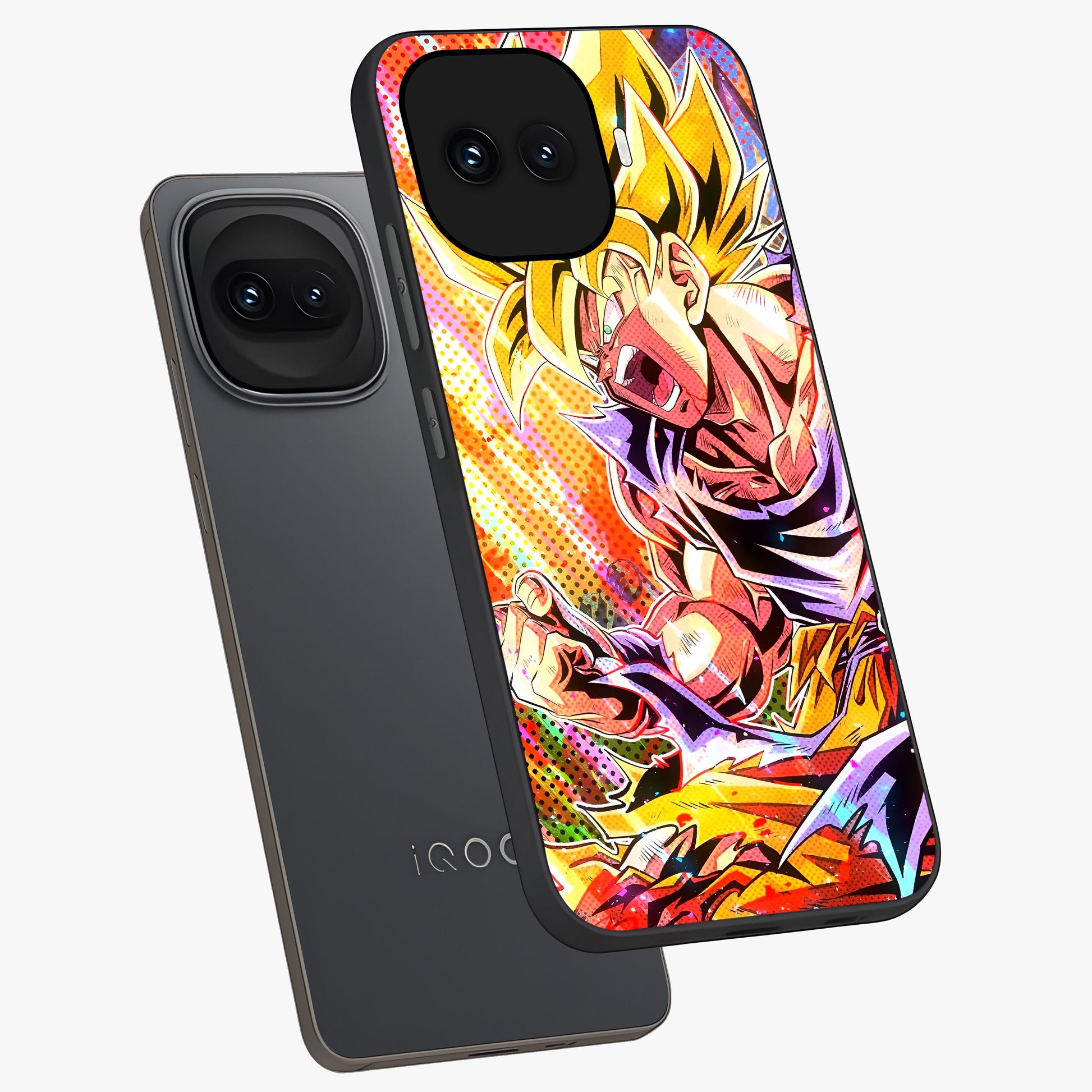 Firing Goku Glass Case displayed in angled mockup highlighting dynamic anime character design with action aesthetic.