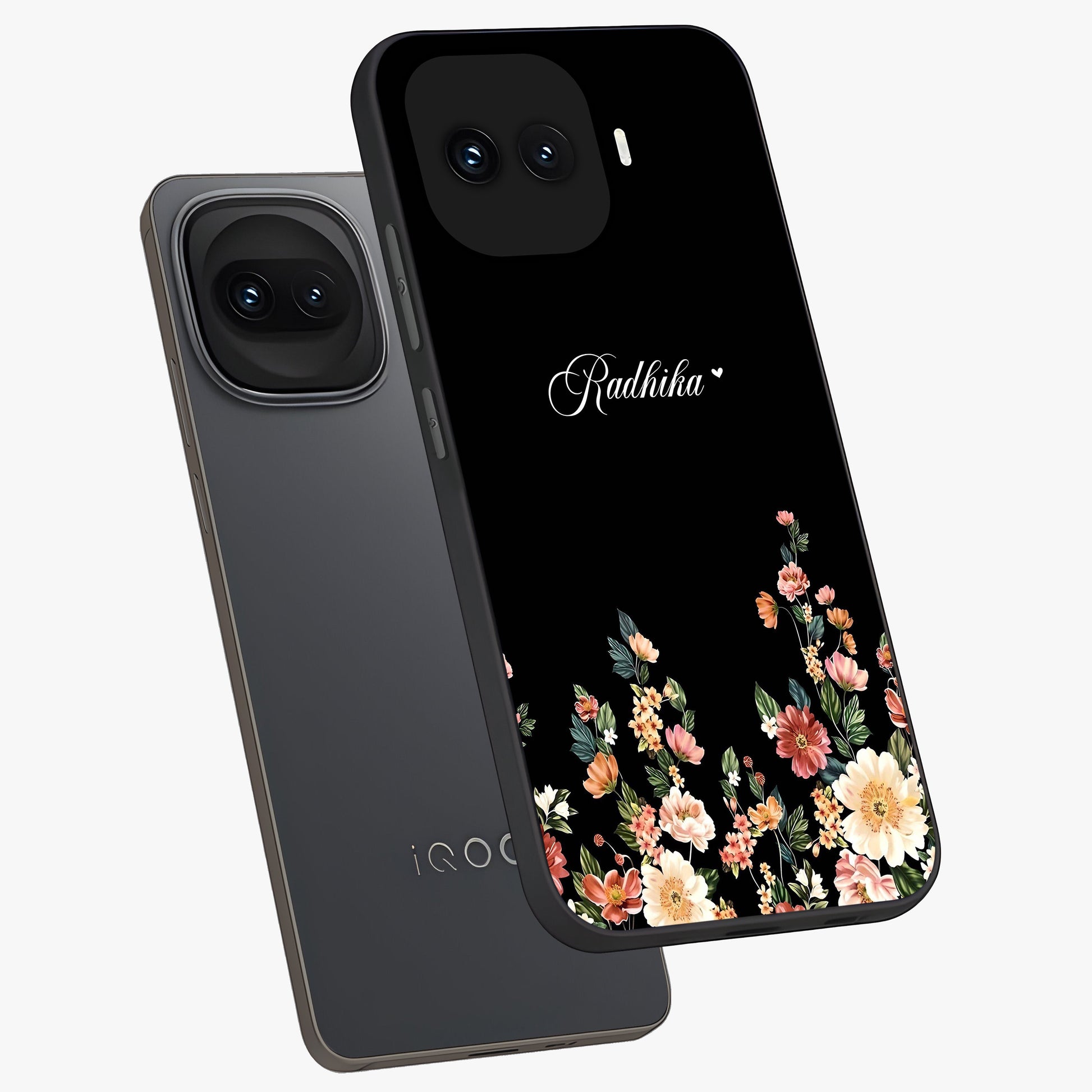 Floral Design With a Custom Personalized Name Glass Case displayed in angled mockup highlighting elegant floral pattern with custom name feature.