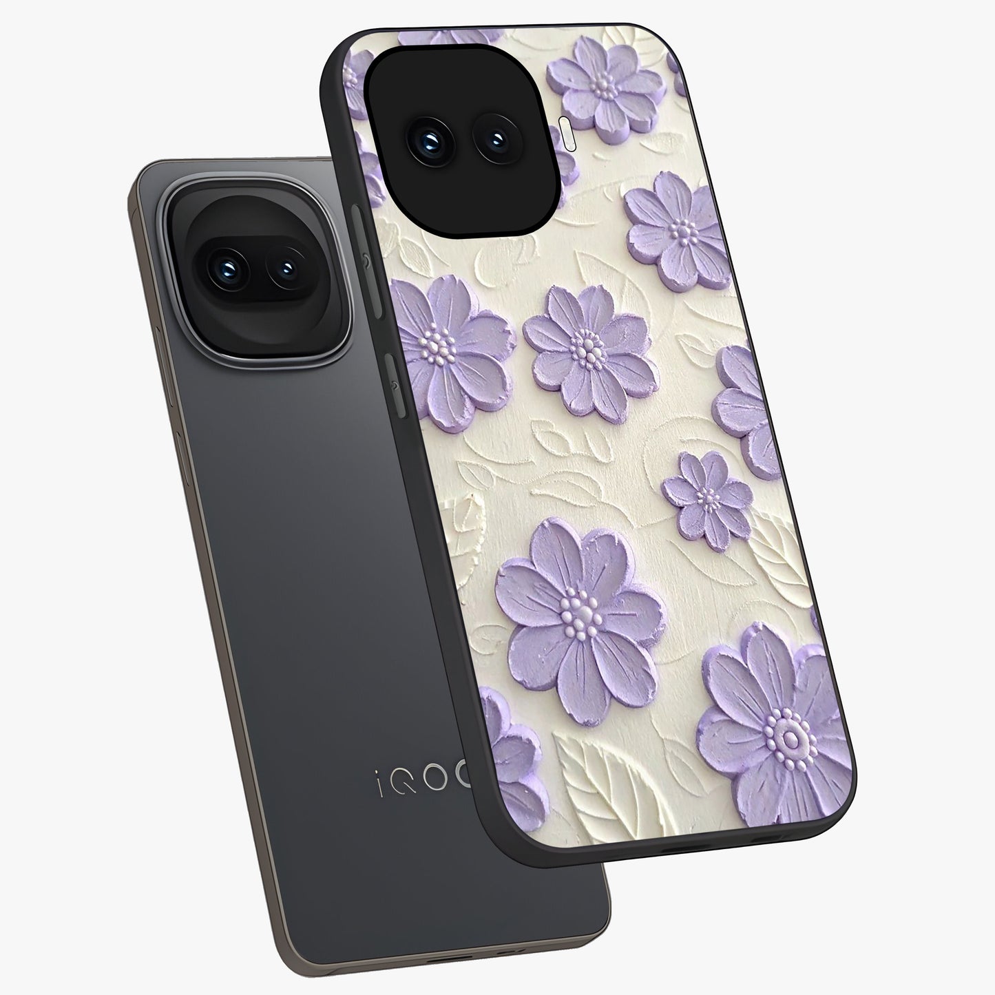 Floral Wall Art With Purple Flowers Glass Case displayed in angled mockup highlighting vibrant purple floral illustration with artistic aesthetic.