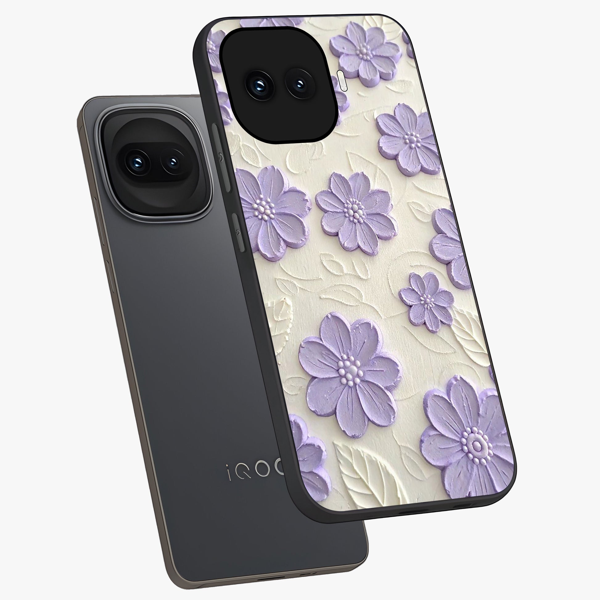 Floral Wall Art With Purple Flowers Glass Case displayed in angled mockup highlighting vibrant purple floral illustration with artistic aesthetic.