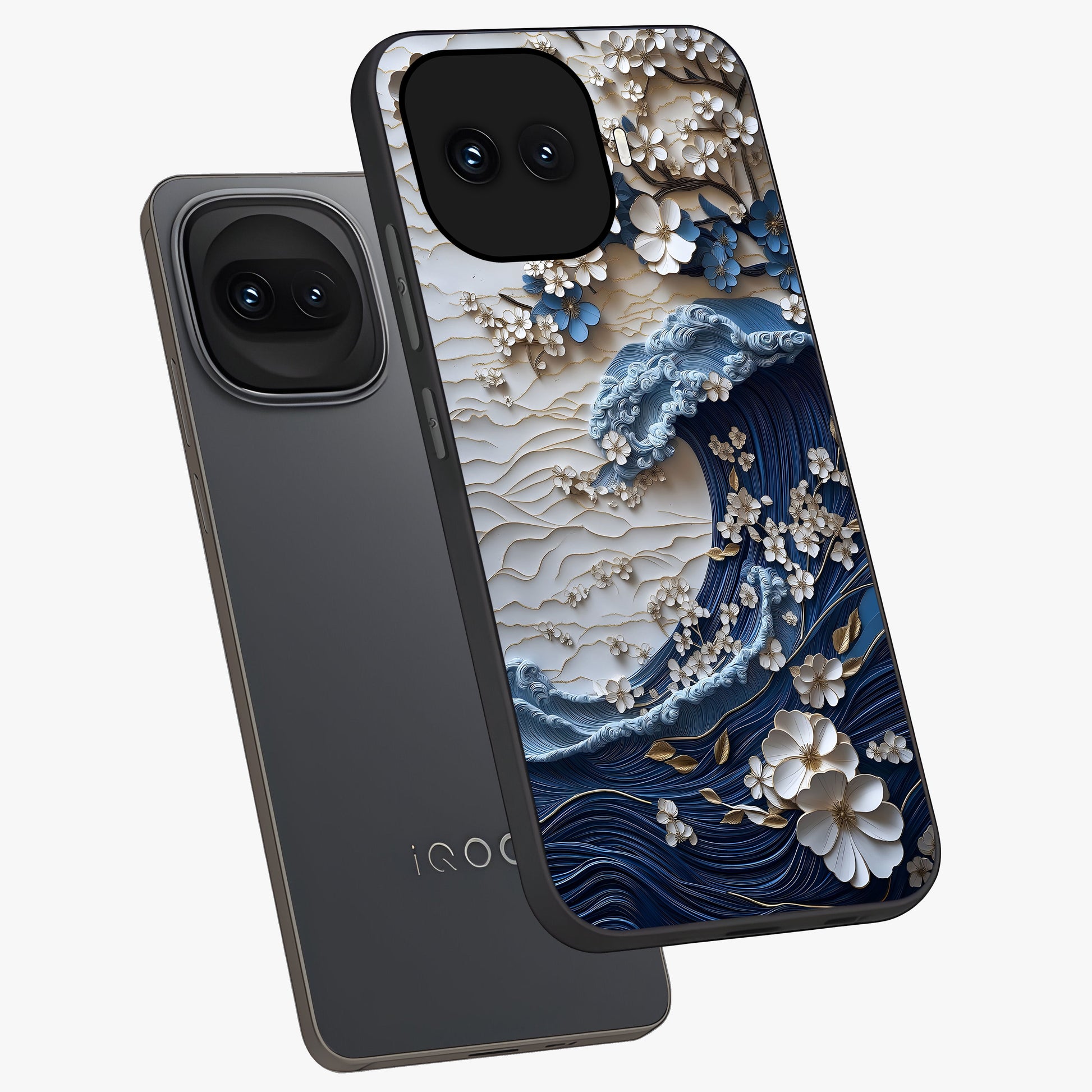 Floral Wave Origami Glass Case displayed in angled mockup highlighting geometric origami flower design with modern aesthetic style.
