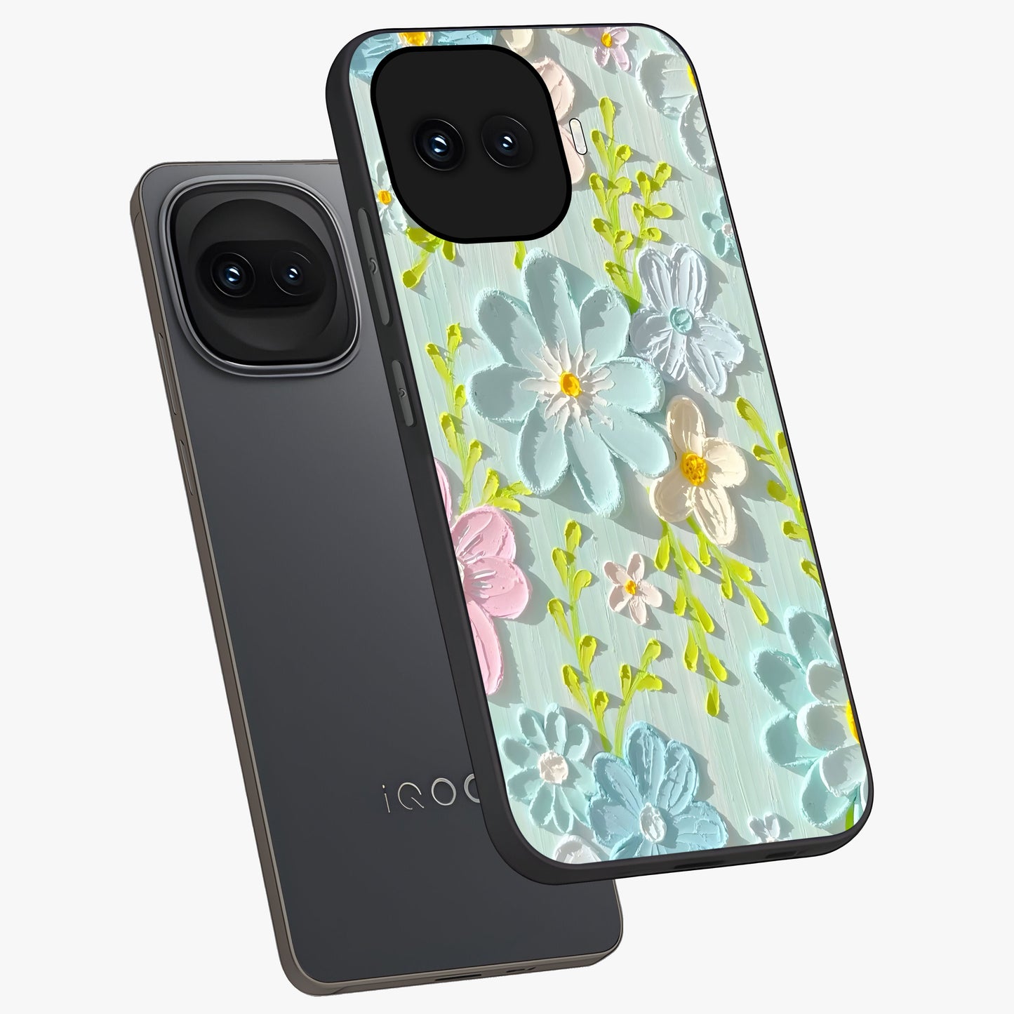 Frosted Petal Garden Glass Case displayed in angled mockup highlighting delicate flower petal design with calm garden aesthetic.