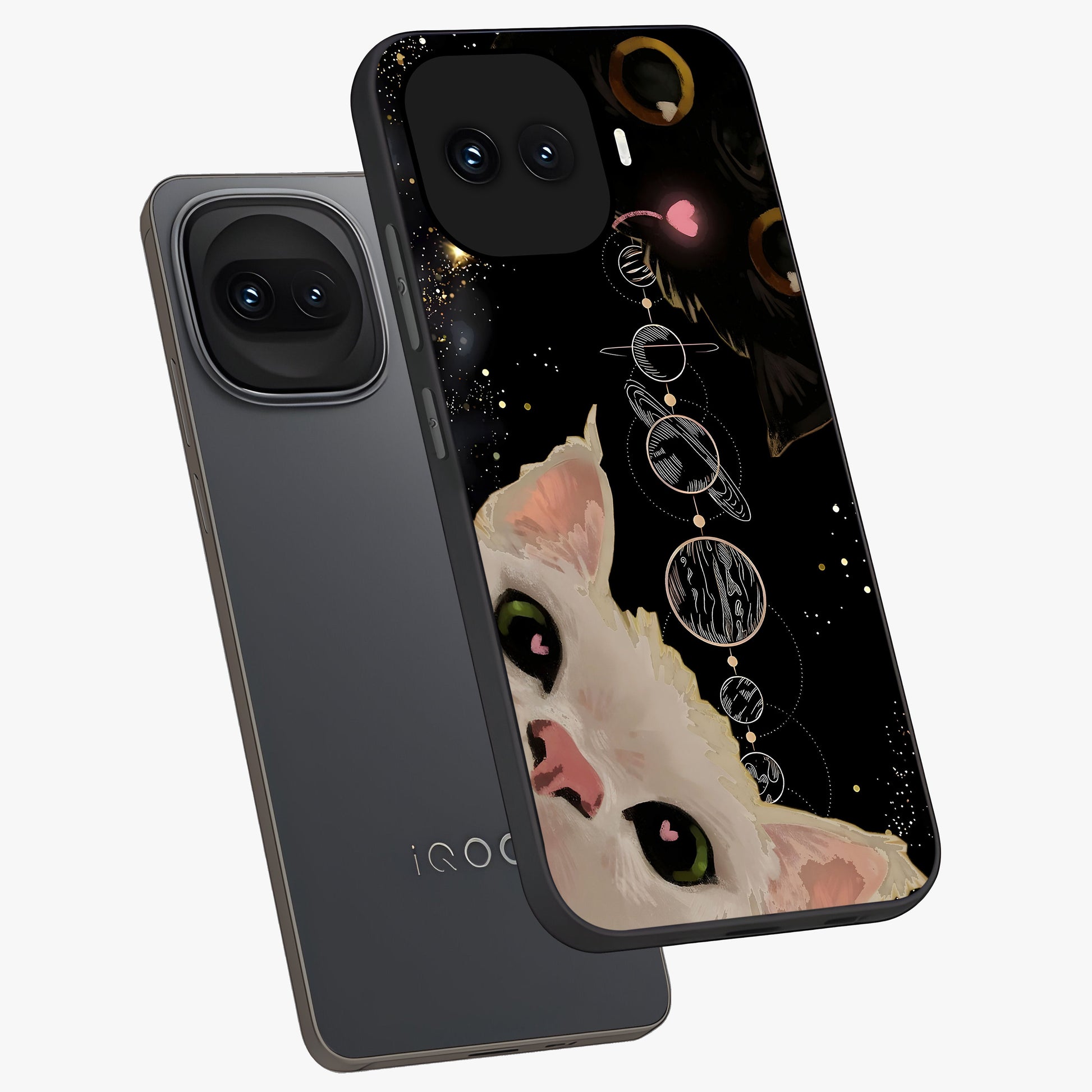 Galactic Cat Glass Case displayed in angled mockup highlighting celestial feline illustration with galaxy aesthetic style.