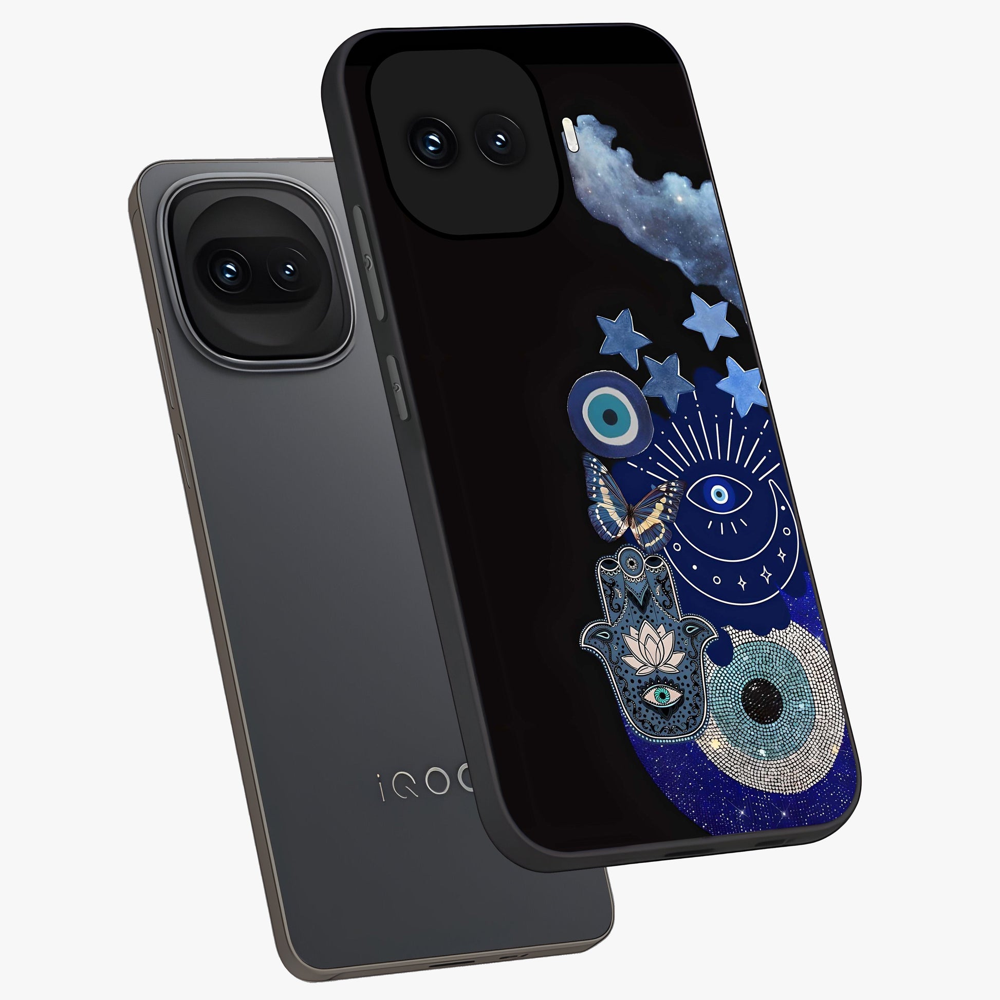 Galactic Charm Cluster Glass Case displayed in angled mockup highlighting luminous galaxy inspired design with dreamy aesthetic.