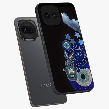 Galactic Charm Cluster Glass Case displayed in angled mockup highlighting luminous galaxy inspired design with dreamy aesthetic.