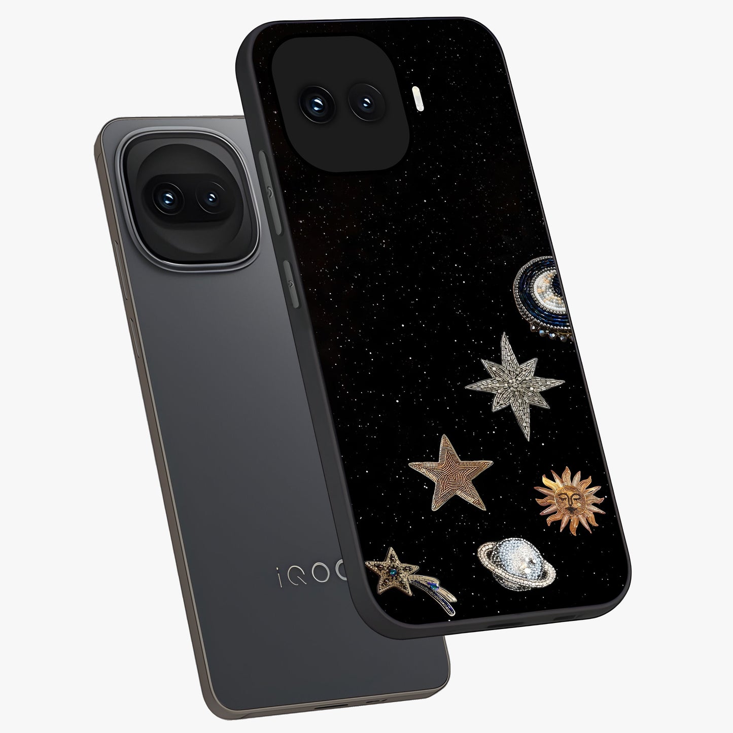 Galactic Charm Glow Glass Case displayed in angled mockup highlighting luminous galaxy inspired design with dreamy aesthetic.