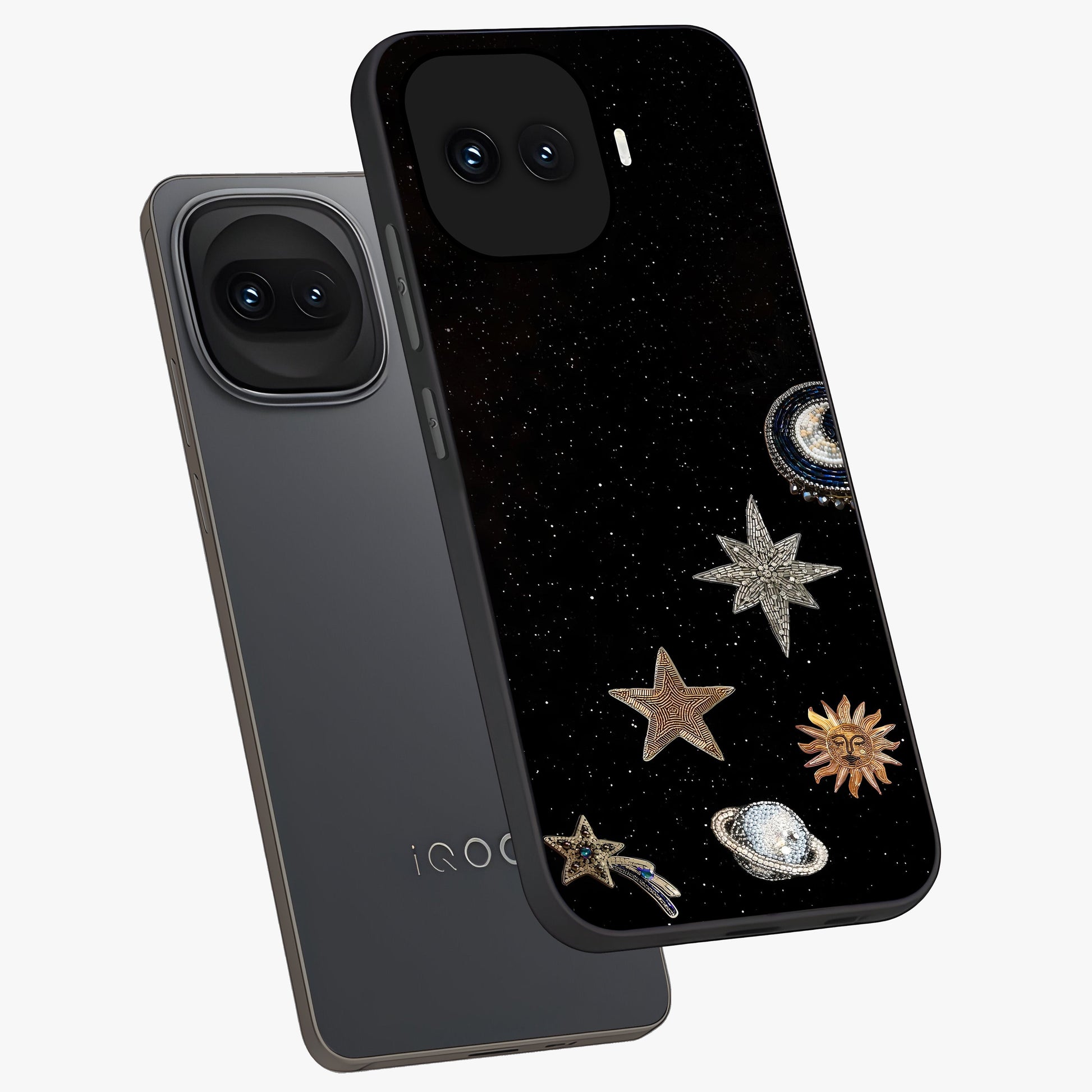 Galactic Charm Glow Glass Case displayed in angled mockup highlighting luminous galaxy inspired design with dreamy aesthetic.