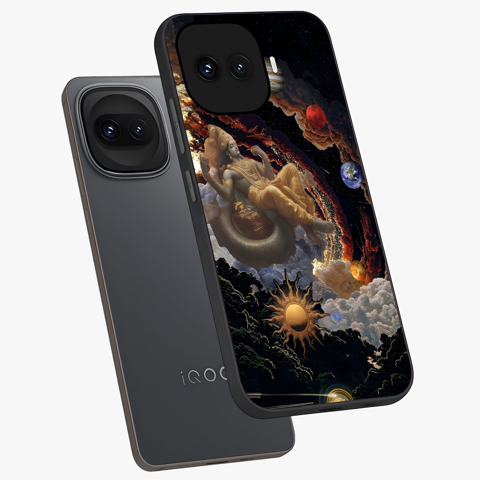 Galactic Divine God Glass Case displayed in angled mockup highlighting powerful celestial deity illustration with galactic aesthetic.