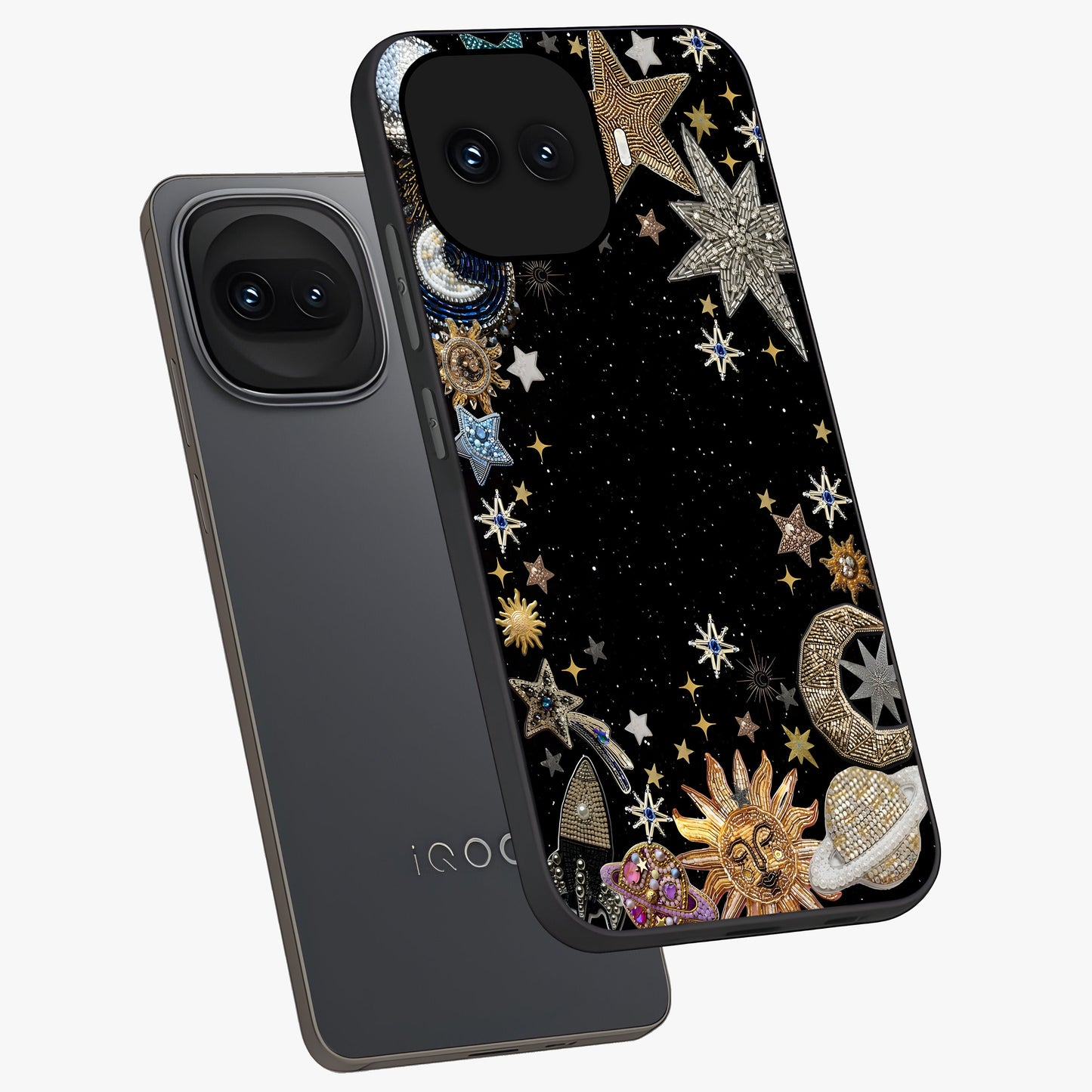 Galactic Jewel Stars Glass Case displayed in angled mockup highlighting shining celestial star design with cosmic aesthetic style.