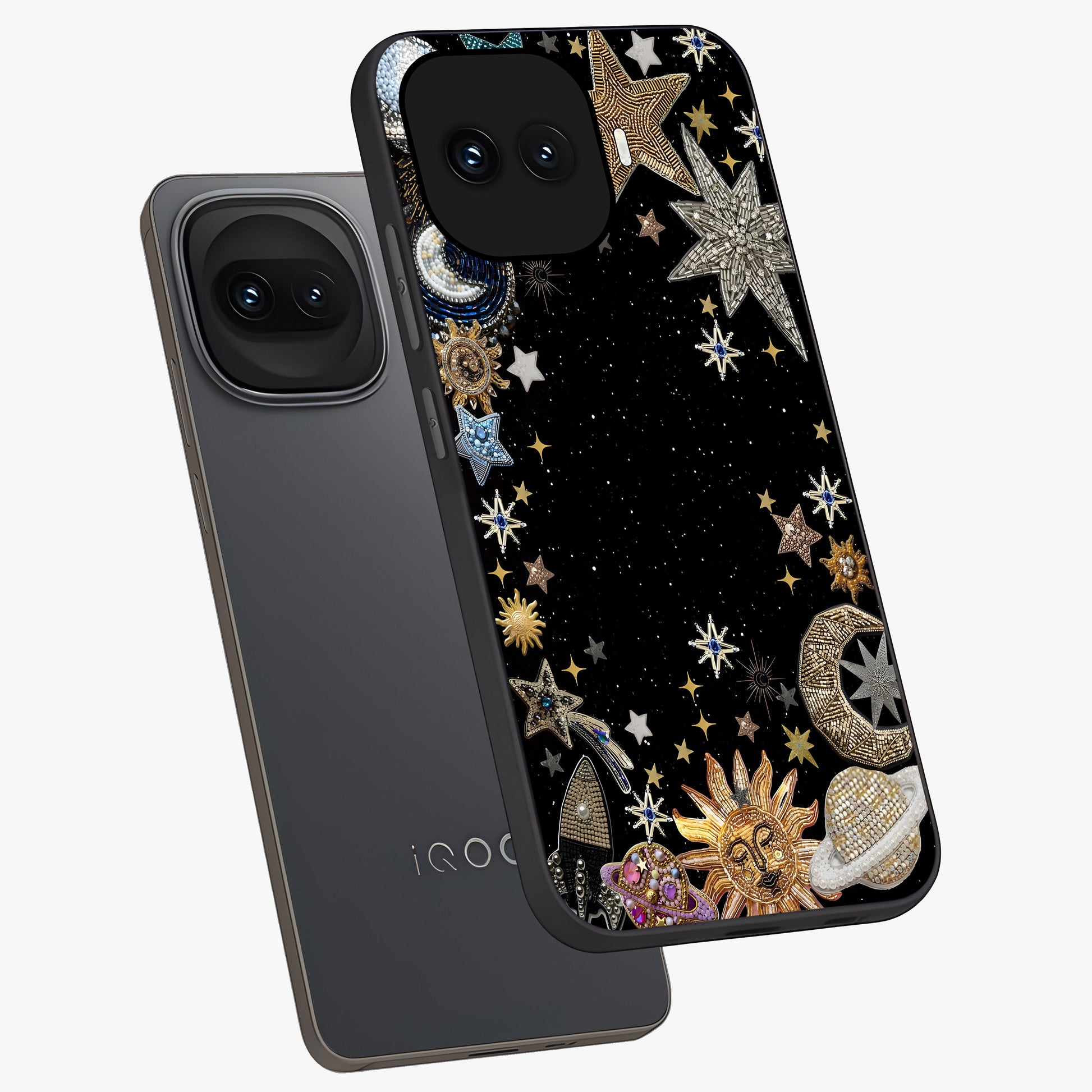 Galactic Jewel Stars Glass Case displayed in angled mockup highlighting shining celestial star design with cosmic aesthetic style.
