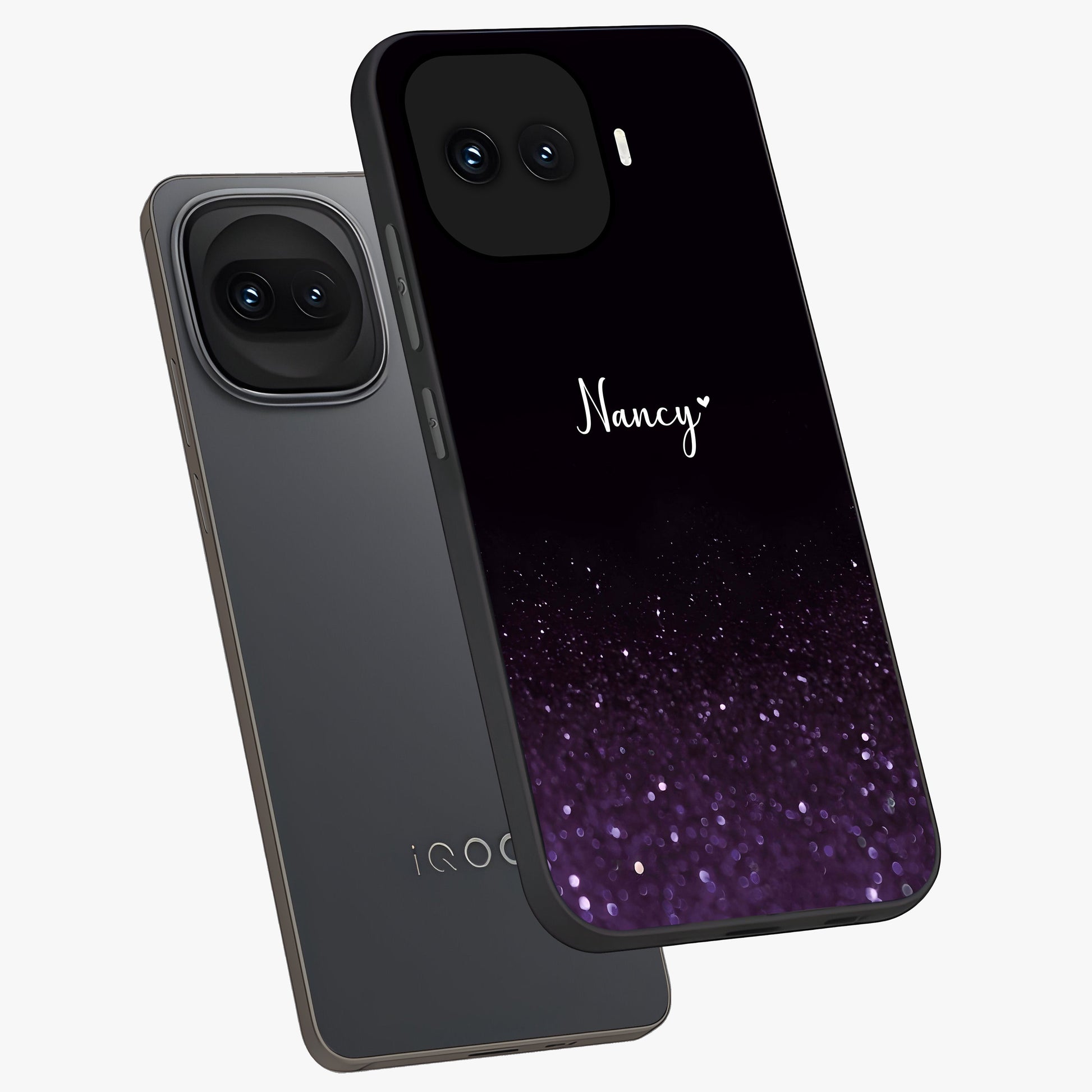 Glittery Purple Bokeh Custom Name Glass Case displayed in angled mockup highlighting glitter bokeh pattern with custom name feature.