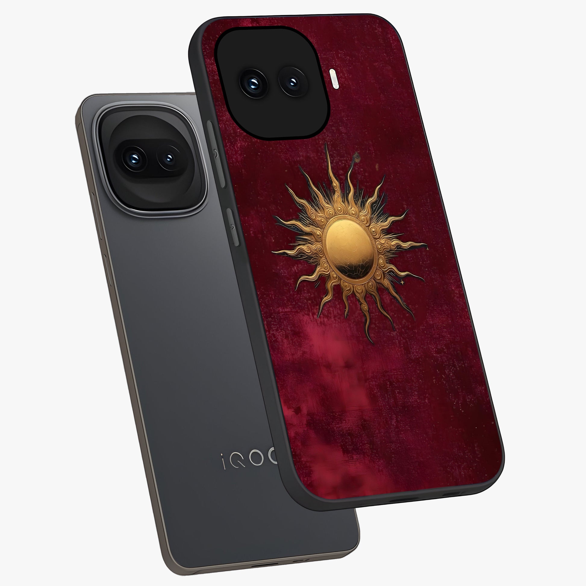Golden Sun Minimalism Glass Case displayed in angled mockup highlighting clean sun symbol design with modern minimal aesthetic.