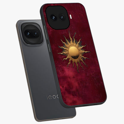 Golden Sun Minimalism Glass Case displayed in angled mockup highlighting clean sun symbol design with modern minimal aesthetic.