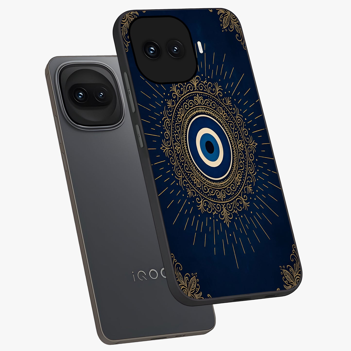 Golden Celestial Charm Glass Case displayed in angled mockup highlighting sparkling cosmic charm design with celestial aesthetic.