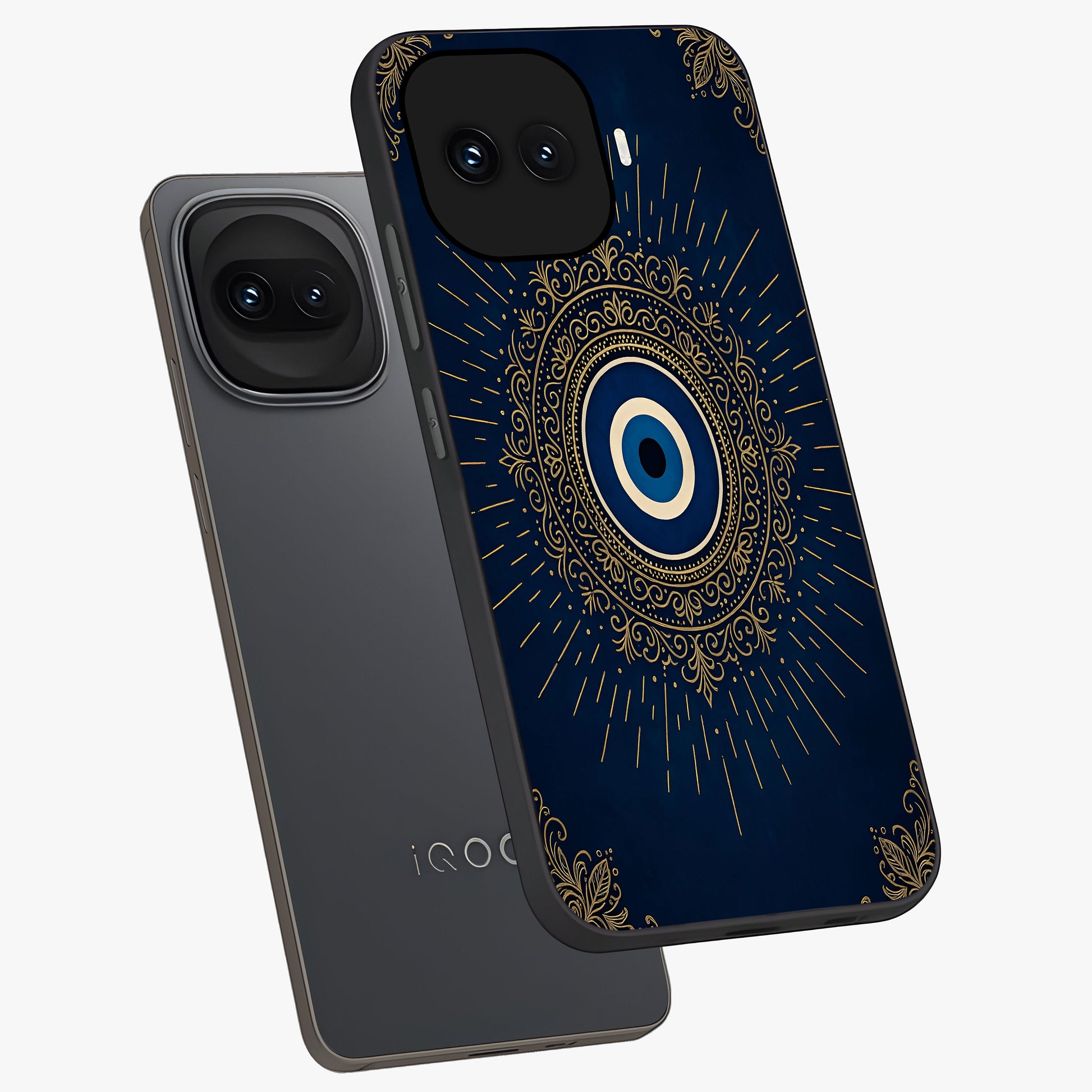 Golden Celestial Charm Glass Case displayed in angled mockup highlighting sparkling cosmic charm design with celestial aesthetic.