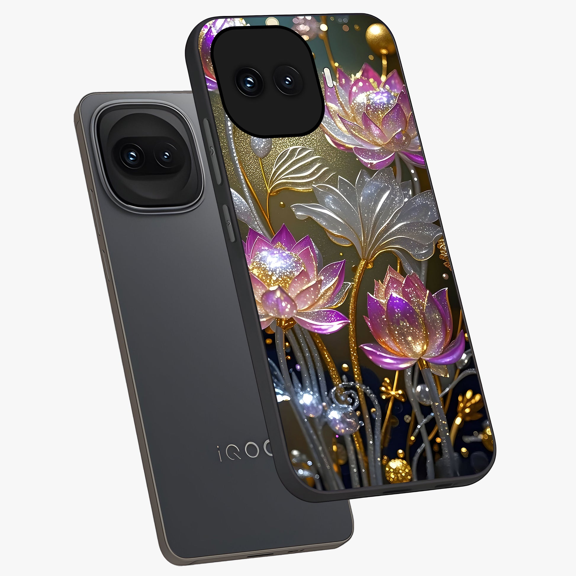 Golden Floral Majesty Glass Case displayed in angled mockup highlighting elegant flower design with royal golden aesthetic.