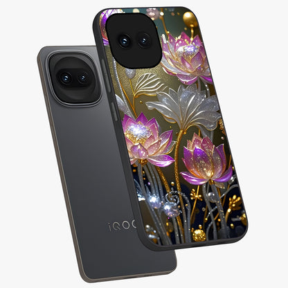 Golden Floral Majesty Glass Case displayed in angled mockup highlighting elegant flower design with royal golden aesthetic.