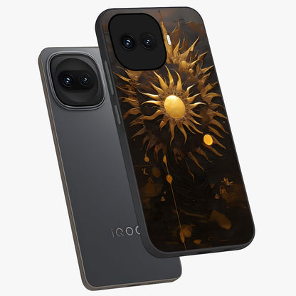 Golden Sun Majesty Glass Case displayed in angled mockup highlighting eerie shadow illustration with gothic aesthetic.