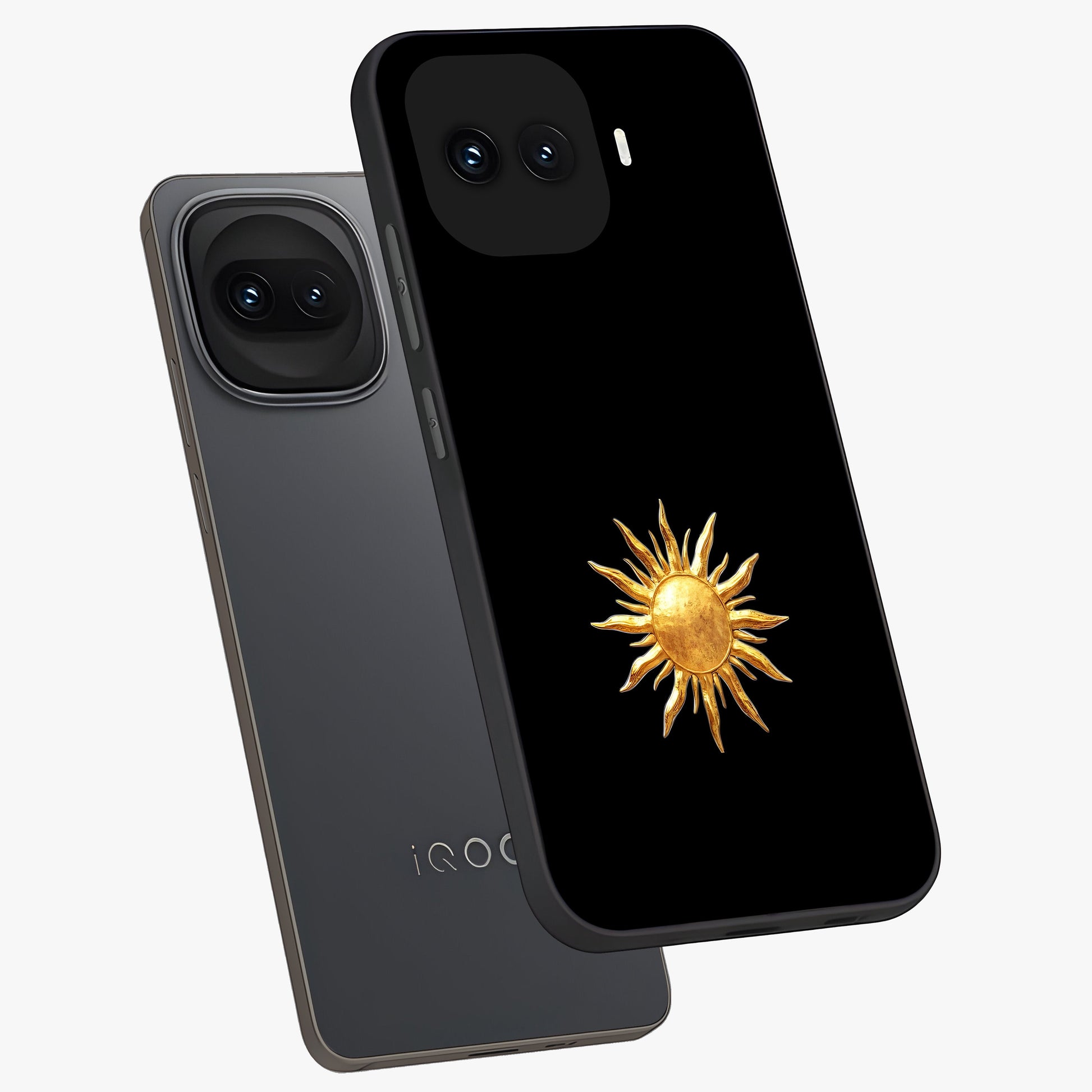 Golden Sun Minimalism Glass Case displayed in angled mockup highlighting eerie shadow illustration with gothic aesthetic.