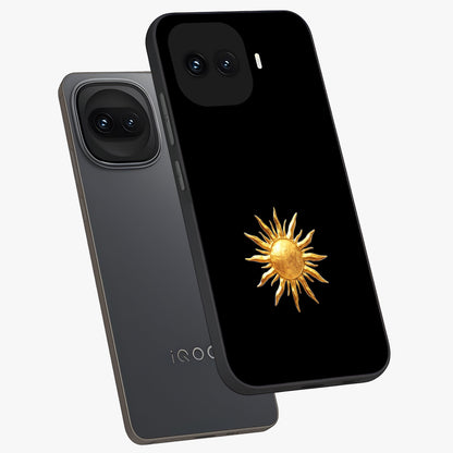Golden Sun Minimalism Glass Case displayed in angled mockup highlighting eerie shadow illustration with gothic aesthetic.