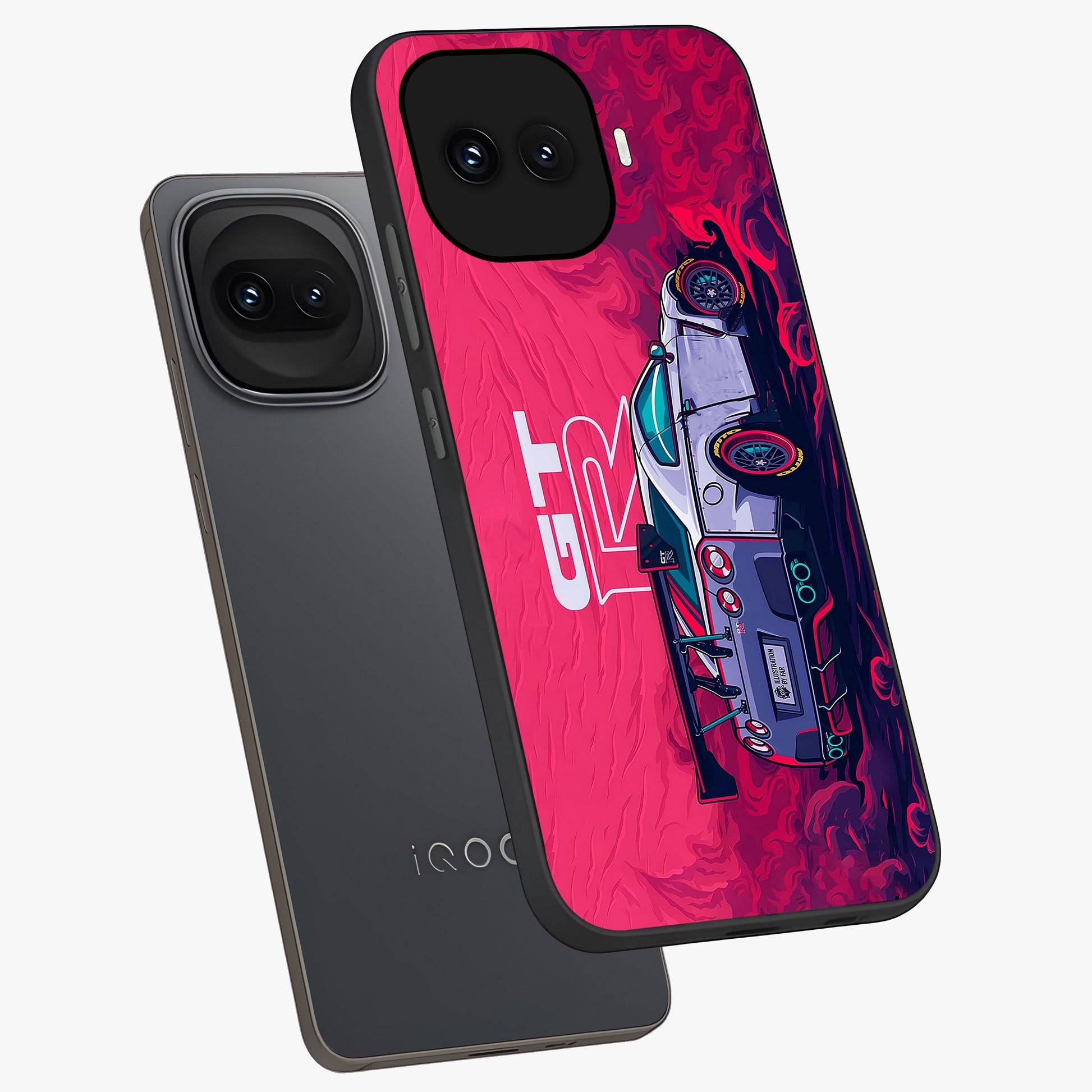 GT-R Car Pattern Glass Case displayed in angled mockup highlighting racing car graphic design with bold automotive aesthetic.