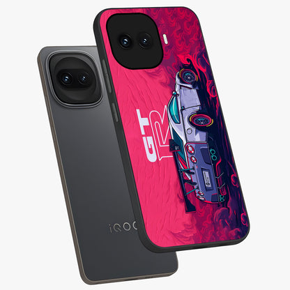 GT-R Car Pattern Glass Case displayed in angled mockup highlighting racing car graphic design with bold automotive aesthetic.