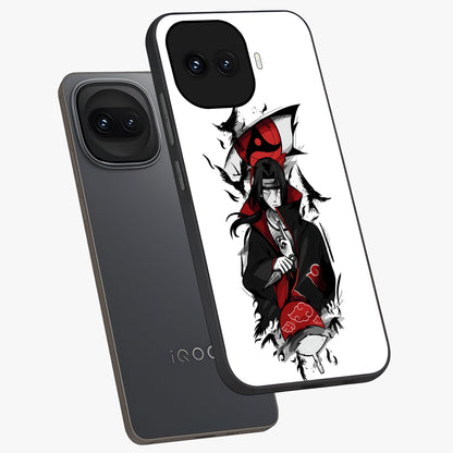 Itachi Limited Edition Naruto Anime Glass Case displayed in angled mockup highlighting dramatic anime illustration with bold action aesthetic.