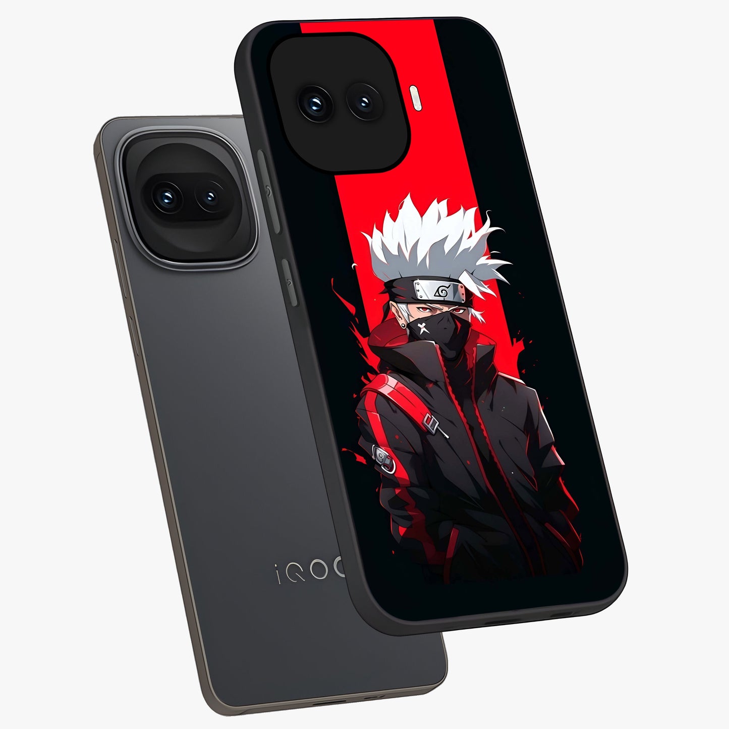 Kakashi Scarlet Shadow Glass Case displayed in angled mockup highlighting dramatic ninja illustration with scarlet themed aesthetic.
