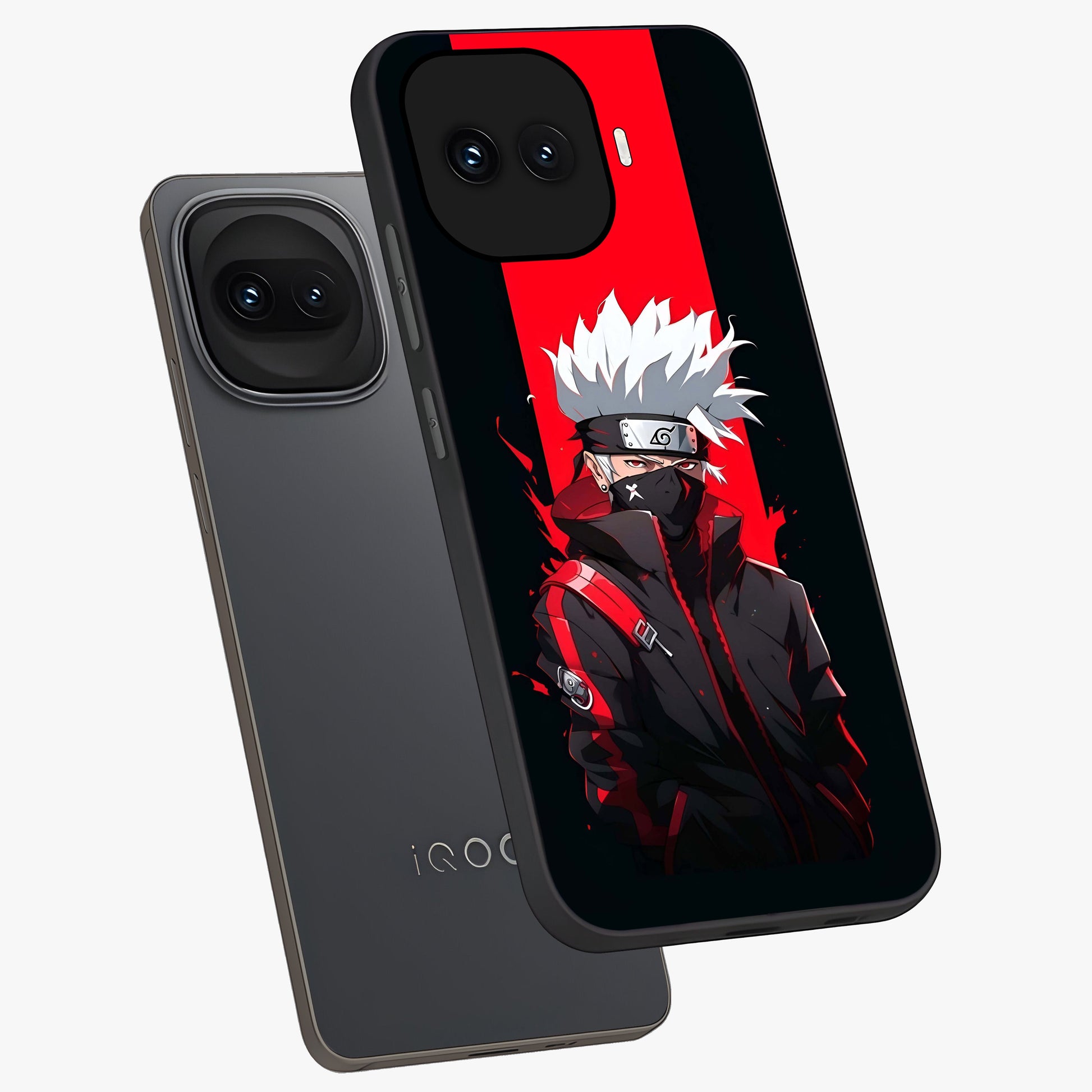 Kakashi Scarlet Shadow Glass Case displayed in angled mockup highlighting dramatic ninja illustration with scarlet themed aesthetic.