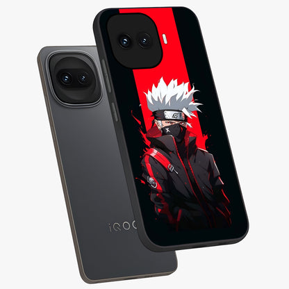 Kakashi Scarlet Shadow Glass Case displayed in angled mockup highlighting dramatic ninja illustration with scarlet themed aesthetic.